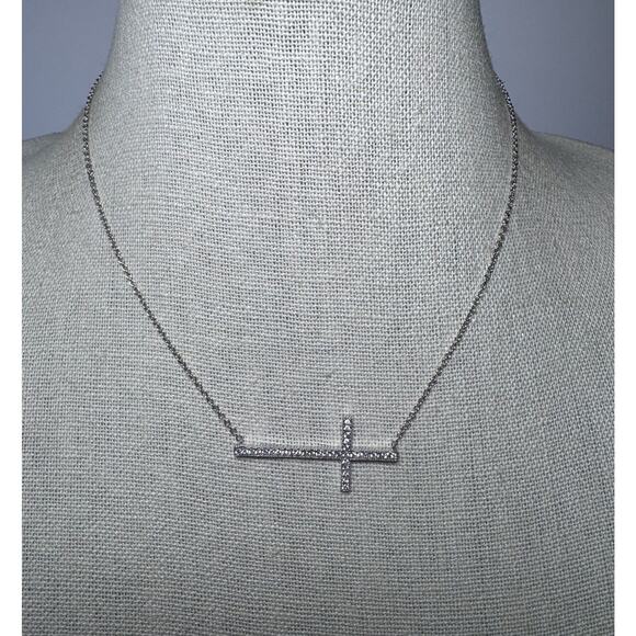 Sterling Silver 925 Cubic Zirconia CZ Sideways Cross Necklace - Picture 1 of 5